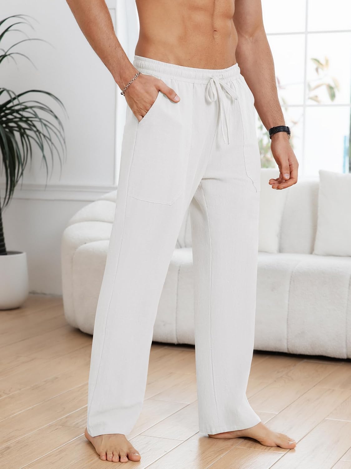 Breathable Men's Cotton Linen Pants Casual Lightweight Summer Beach Elastic Drawstring Waist Trousers