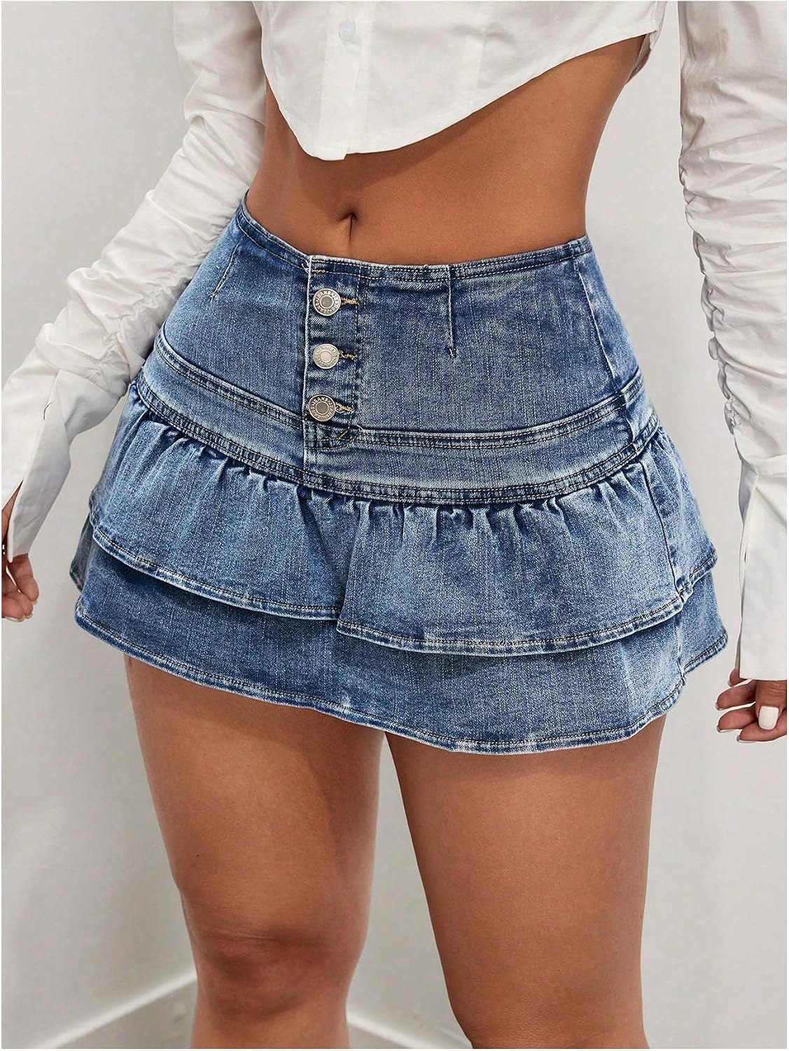 Women's Short Skirt Button Up High Waist Water Wash A Line Mini Jean Ruffle Skirts with Shorts Women's Short Skirt Button Up High Waist Water Wash A Line Mini Jean Ruffle Skirts with Shorts