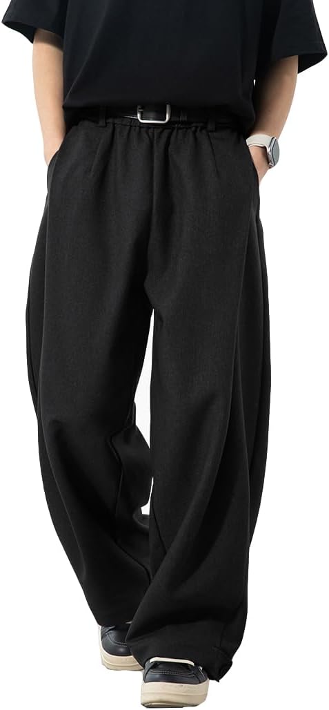 Men's Baggy Wide Leg Pants Casual Dress Pants Pleated Trousers Elastic Waist