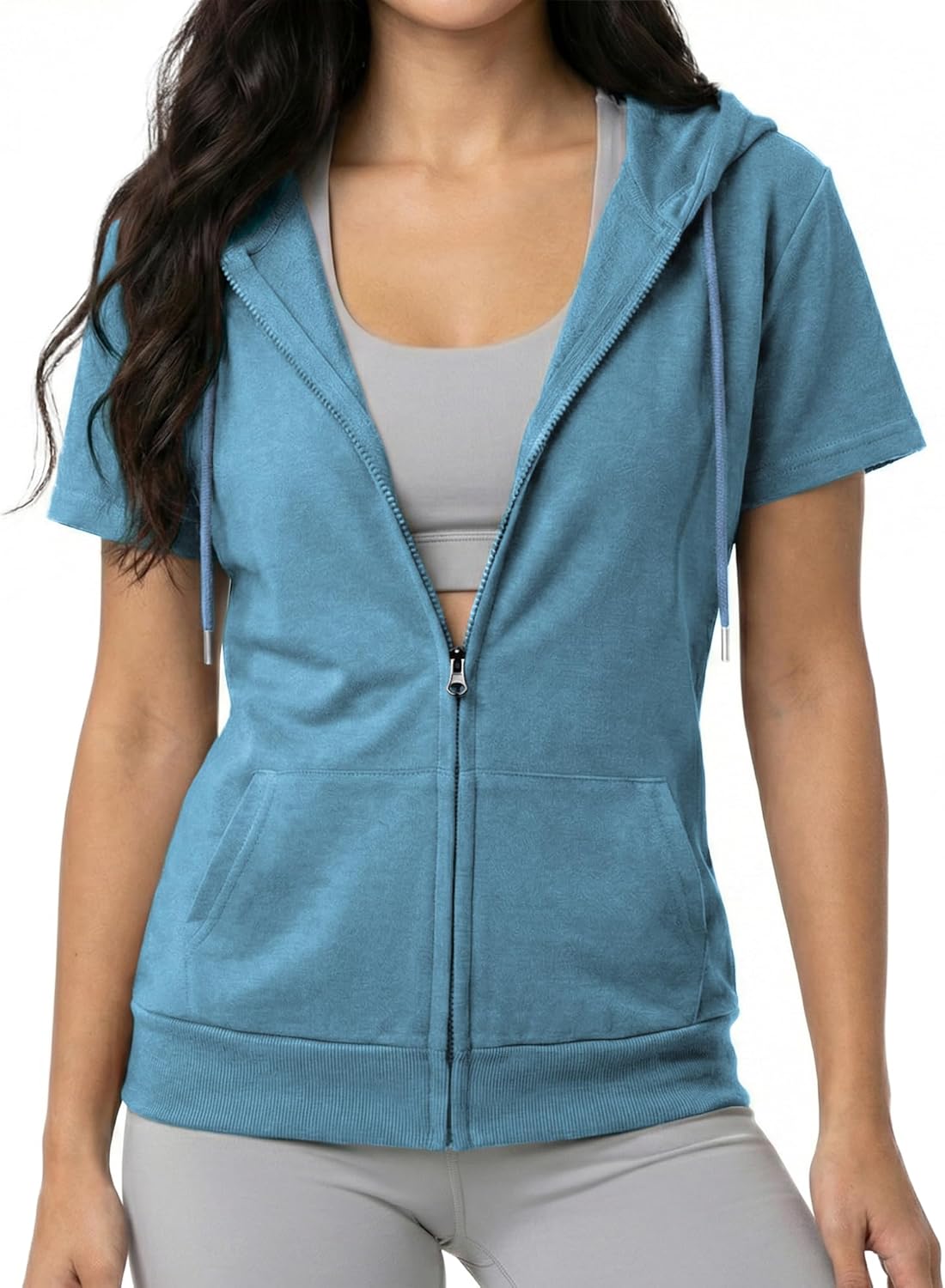 Womens Slim Fit Zip Up Hoodie Short Sleeve Thin Jacket Full Zip Sweatshirt with