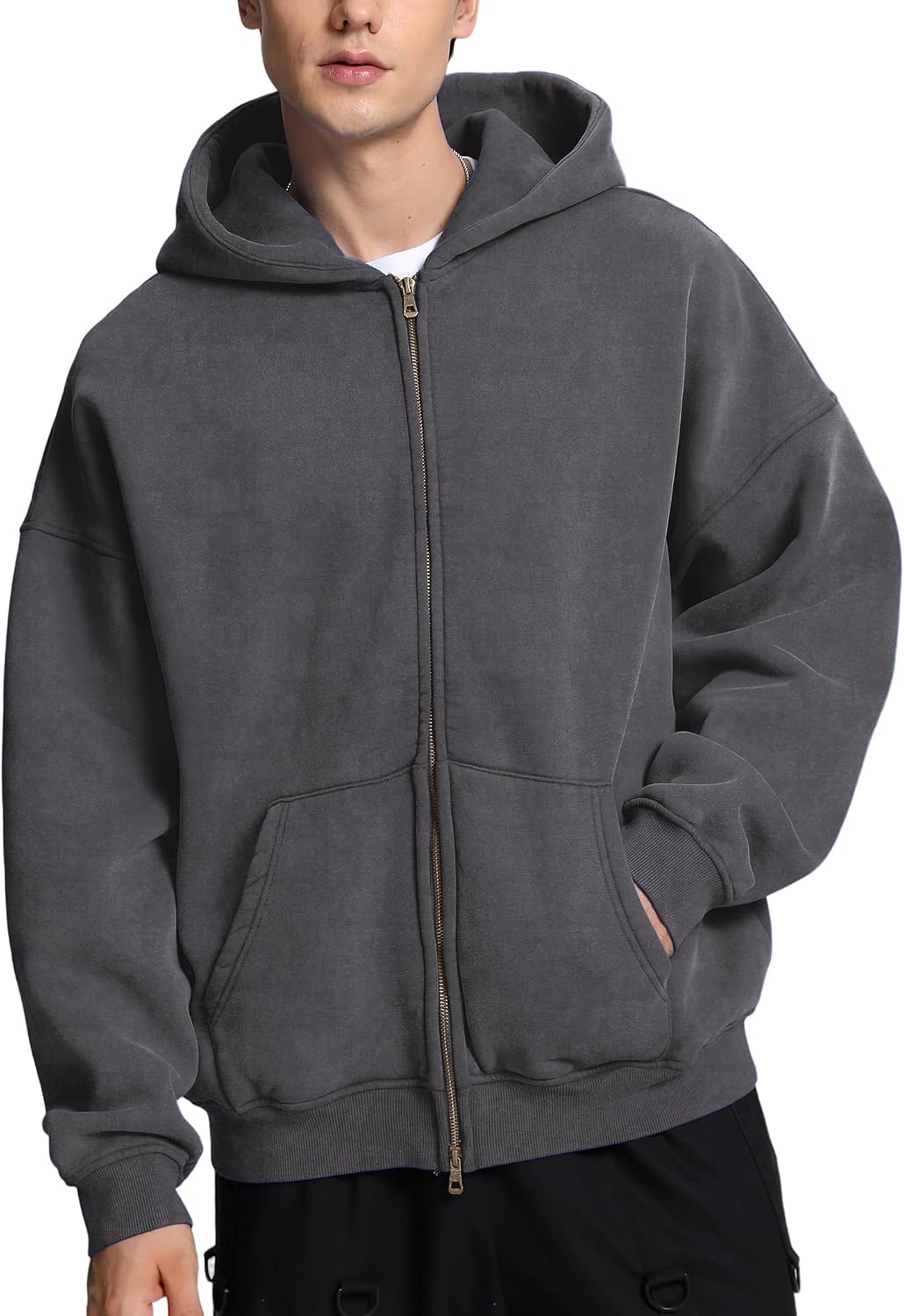 Men's Oversized Acid Wash Zip Up Hoodie Charcoal Gray Heavyweight Fleece Sweatshirt Full Zipper Vintage Streetwear
