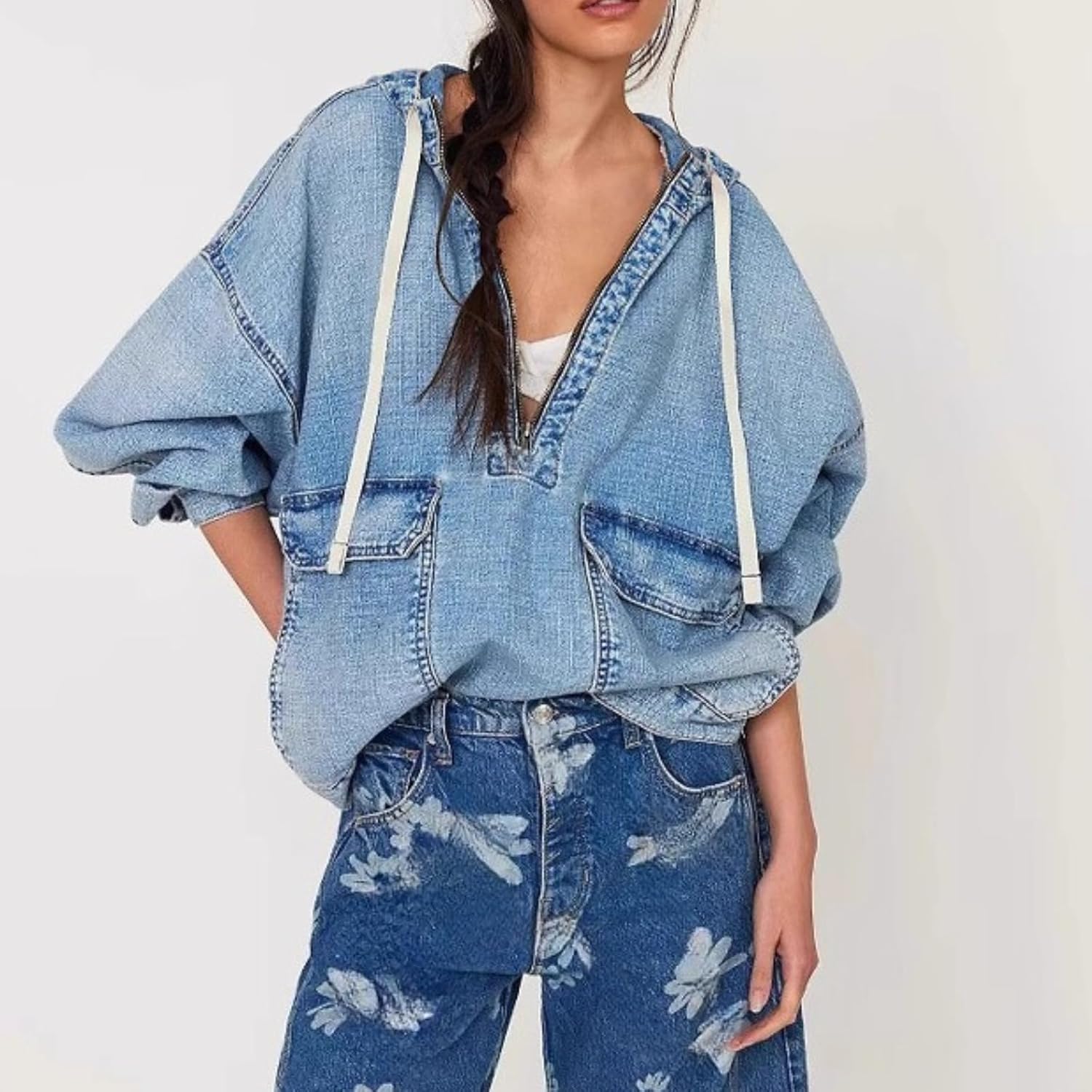 Women's Oversized Denim Hoodie Pullover Light Blue Long Sleeve Drawstring Hooded Jacket Casual Loose Streetwear