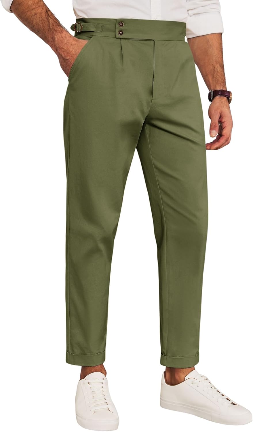 Mens Chinos Cotton Pants Slim Fit Pleated Front Dress Pants Casual Stretchy Tapered Trousers