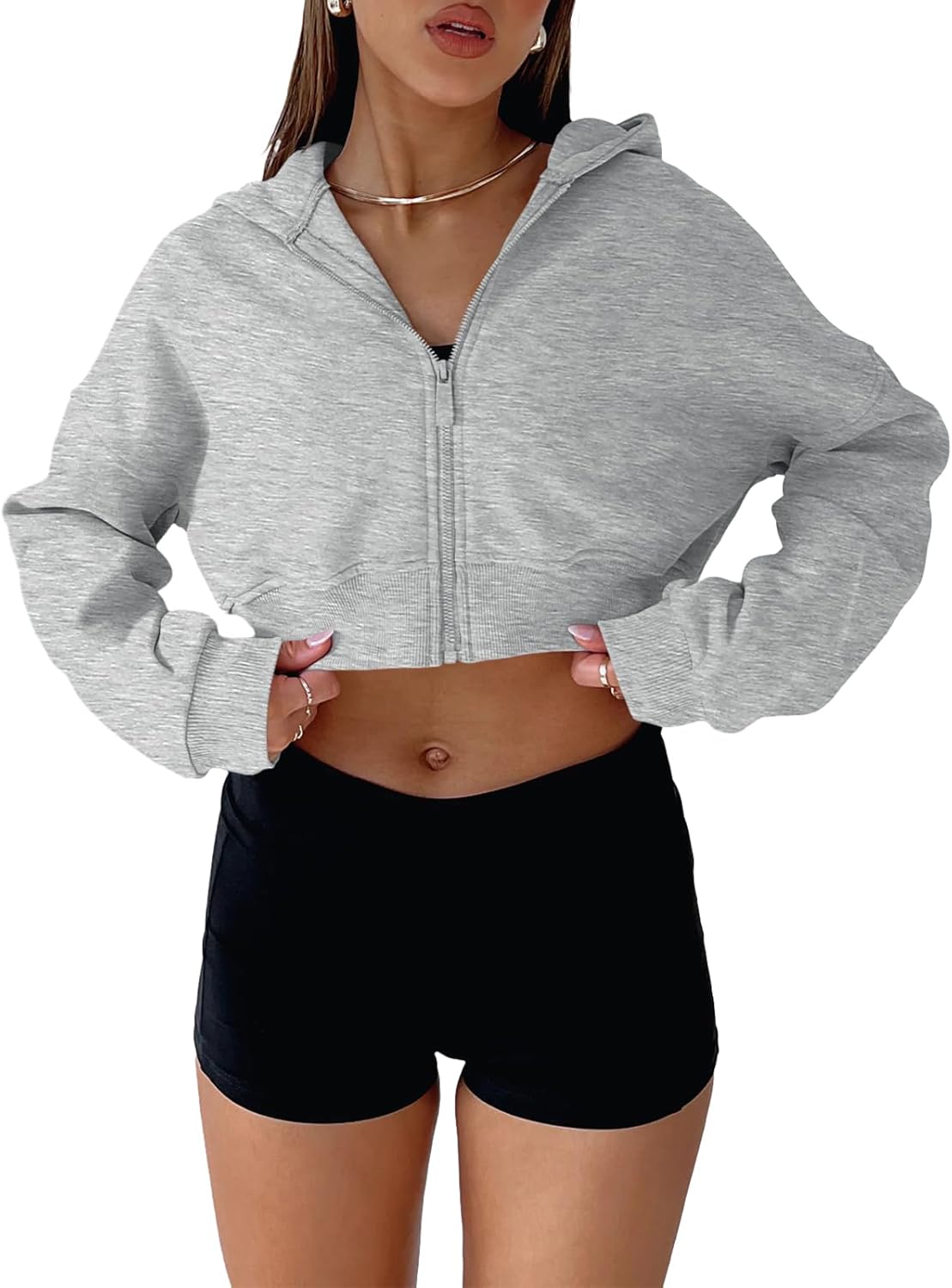 Women's Cropped Zip Up Hoodie Heather Gray Long Sleeve Casual Loose Y2K Sweatshirts Dropped Shoulder Tops