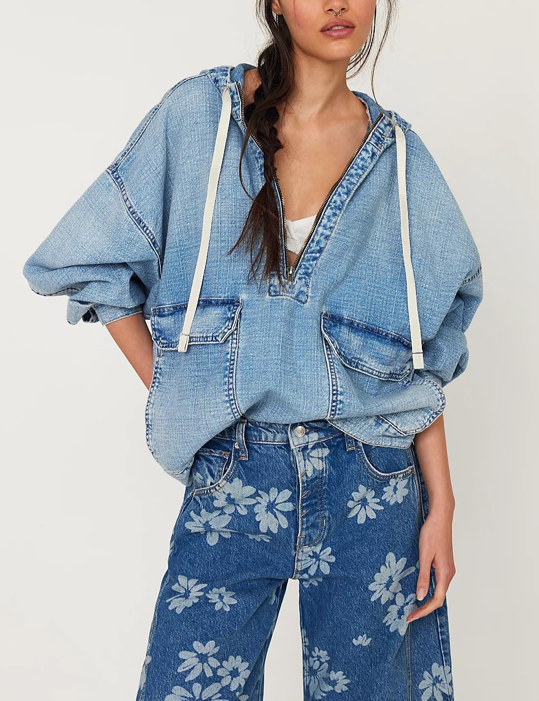 Women's Denim Anorak Hoodie Half Zip Light Wash Blue Oversized Balloon Sleeve Hooded Jacket with Pockets Casual Women's Denim Anorak Hoodie Half Zip Light Wash Blue Oversized Balloon Sleeve Hooded Jacket with Pockets Casual