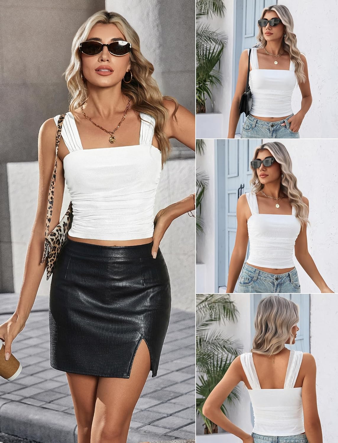 Women's Mesh Square Neck Cute Tank Going Out Top Ruched Crop Y2K Wide Strap Summer Outfits Tops