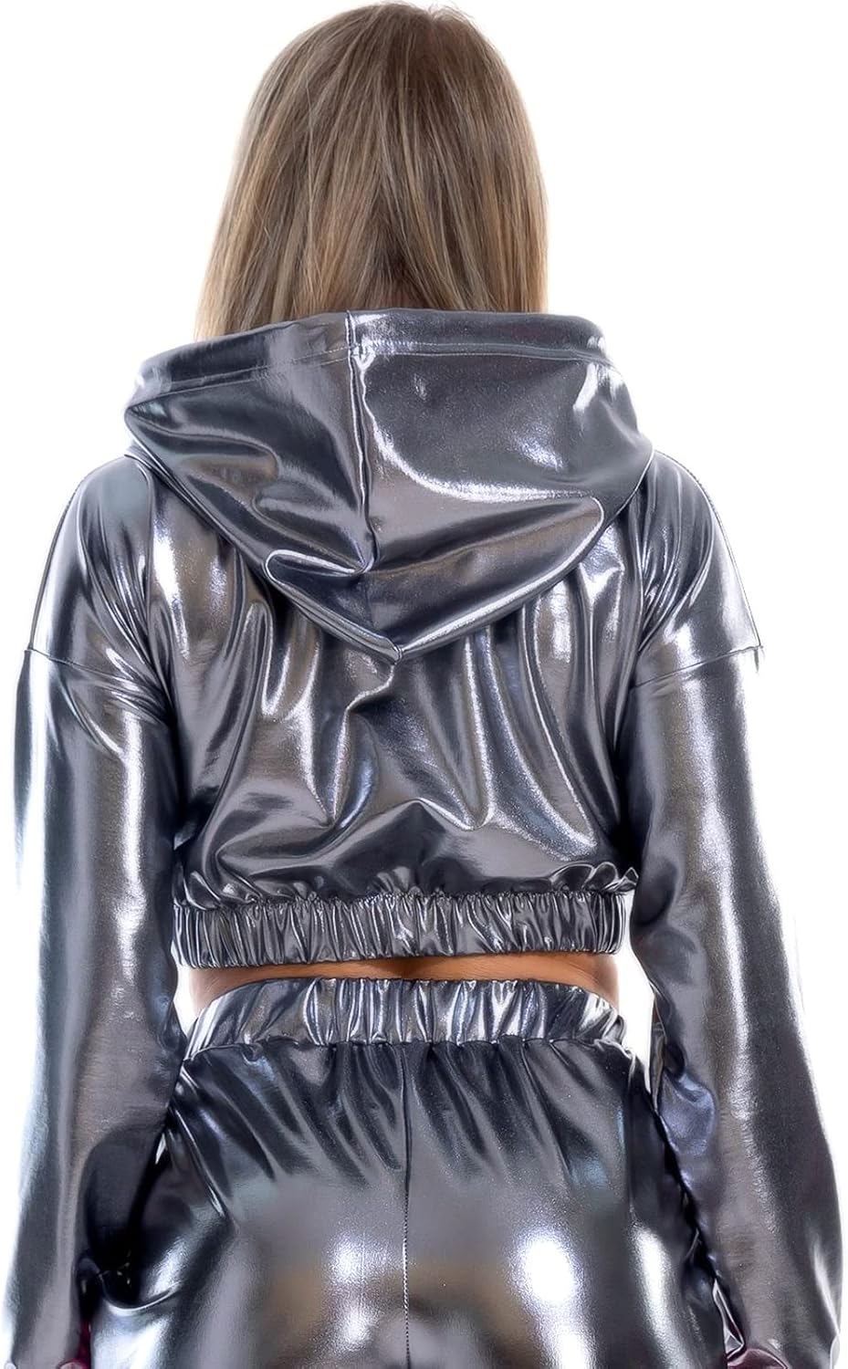 Womens Shiny Metallic Crop Top Hoodies Drawstring Long Sleeve Wet Look Pullover Holographic Sweatshirts Club Wear Womens Shiny Metallic Crop Top Hoodies Drawstring Long Sleeve Wet Look Pullover Holographic Sweatshirts Club Wear