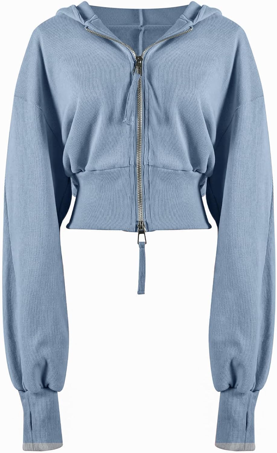 Cropped Hoodie Women Zip Up Ribbed Knit Dusty Blue Balloon Sleeve Sweatshirts Casual Fashion Hooded Crop Top