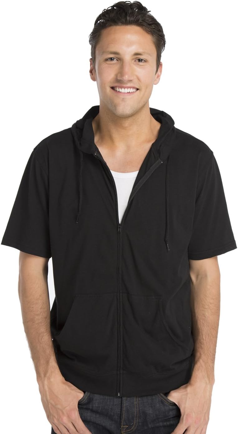 Unisex Casual Short Sleeve Zip Up Hoodie Black White Lightweight Jersey Hooded Sweatshirt Kangaroo Pocket for Men and Women
