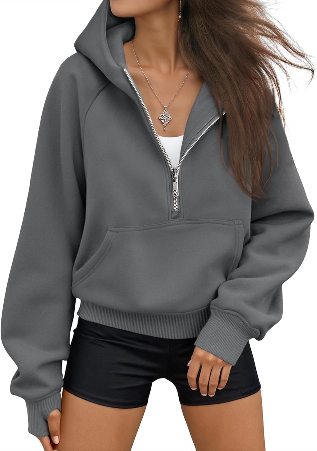 Women's Half Zip Cropped Hoodie Silver Flecked Gray Oversized Fleece Sweatshirt Long Sleeve Casual Tops