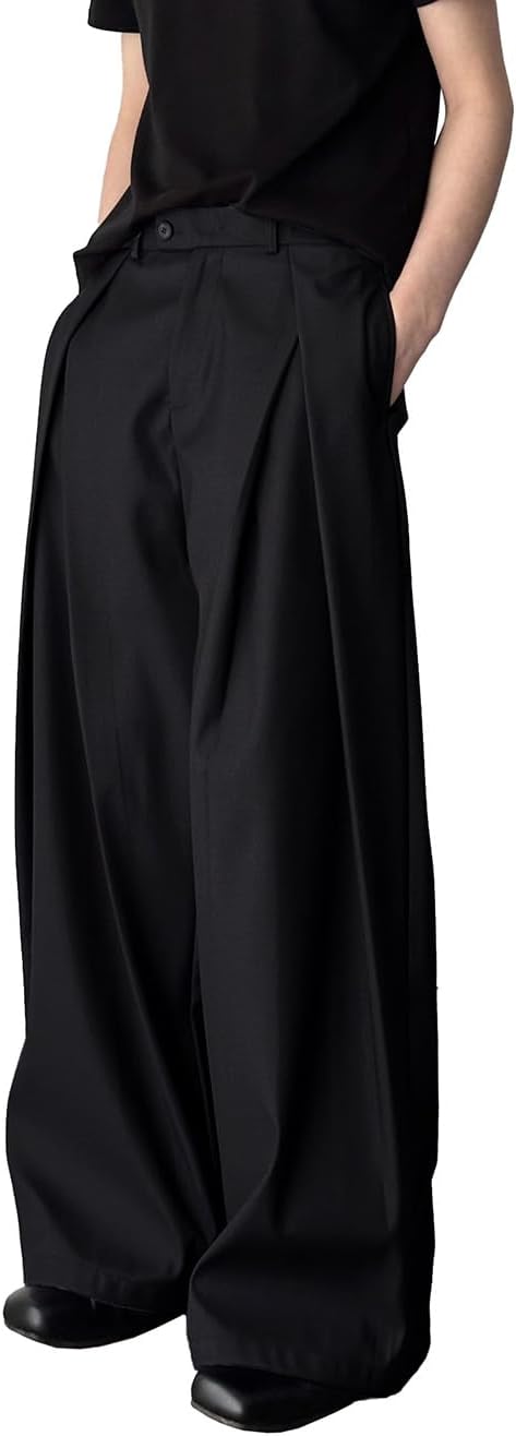 Men's Baggy Wide Leg Pants Zipper Fly Pleated Trousers Casual Dress Pants with Pocket