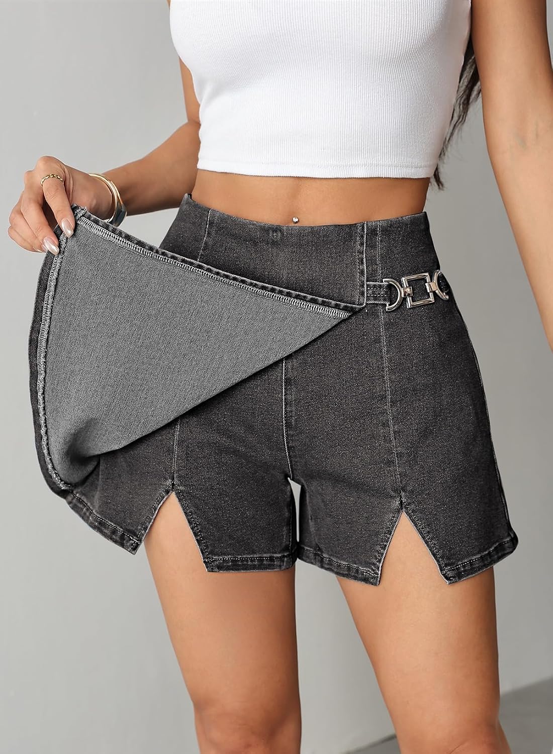 Jean Skorts for Women High Waist Split Hem Wrap Skirts with Shorts