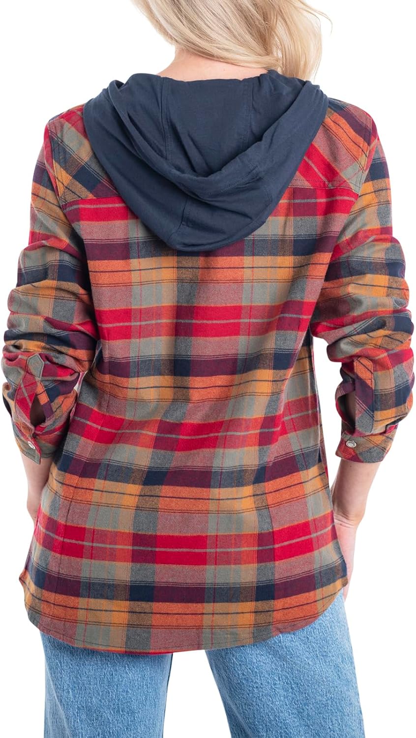 Women's Hooded Flannel Button Up Shirt Rust Orange Plaid Long Sleeve Oversized Casual Fall Jacket
