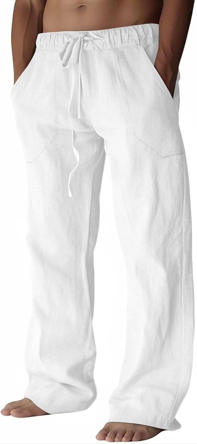 Breathable Men's Cotton Linen Pants Casual Lightweight Summer Beach Elastic Drawstring Waist Trousers