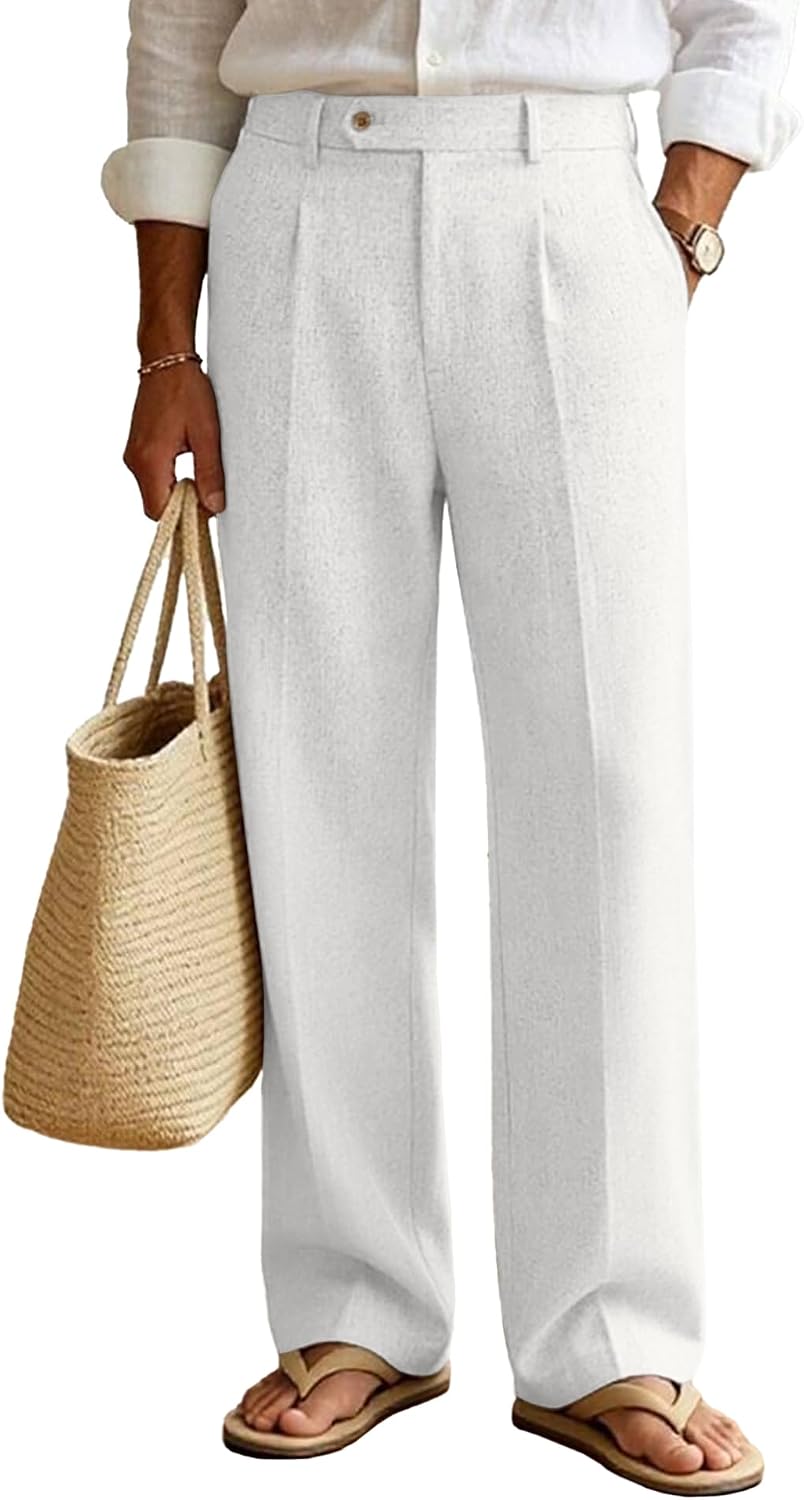 Mens Linen Casual Dress Pants Old Money Pleated Wide Leg Baggy Vintage Relaxed Fit Slacks Work Office Trousers