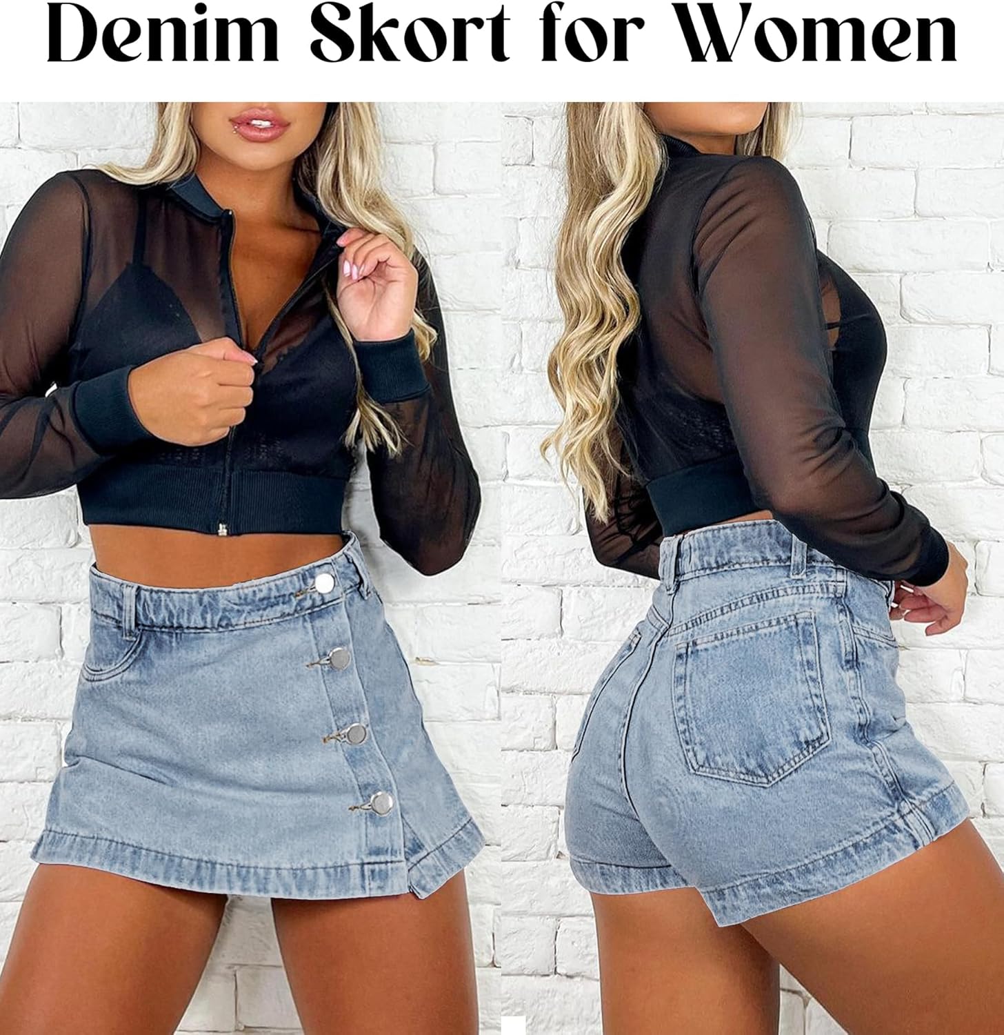 Skort for Women Trendy Slit Mini Skirt Casual Stretchy Jean Skirt with Shorts Summer Short Skirt