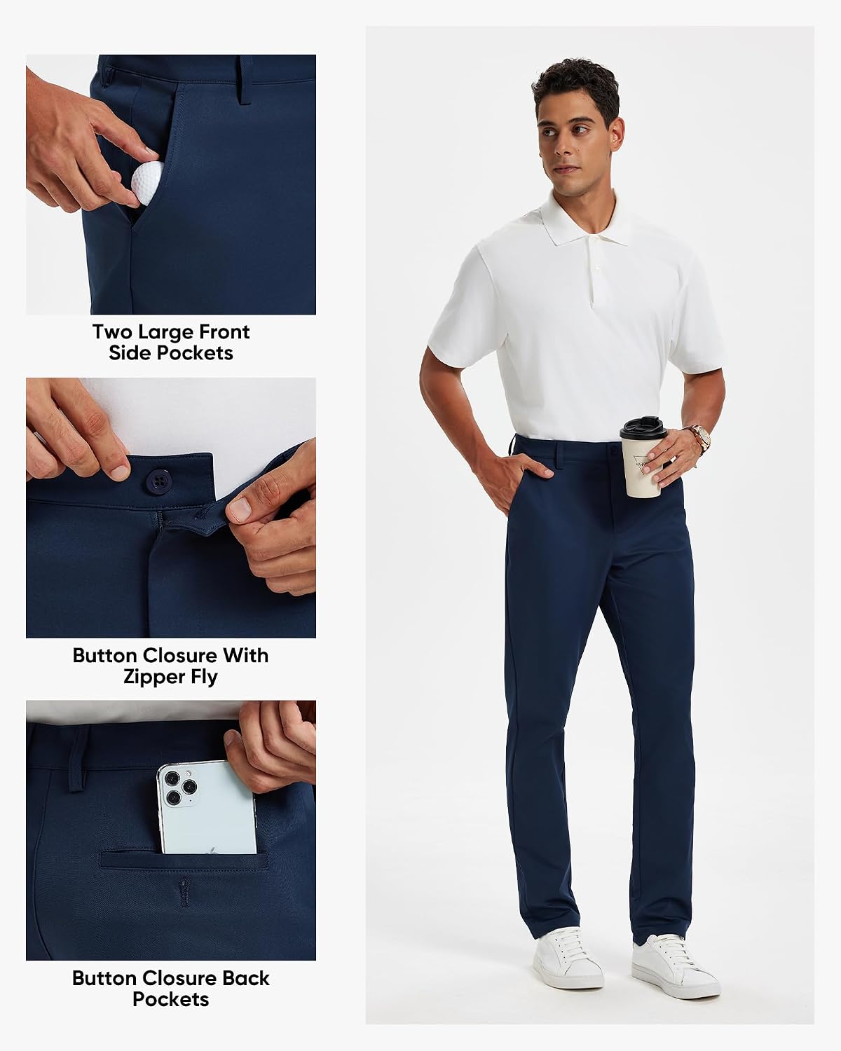 Men's Classic Fit Stretch Golf & Dress Work Pants -All-Day Comfort Performance Trousers for Business & Travel