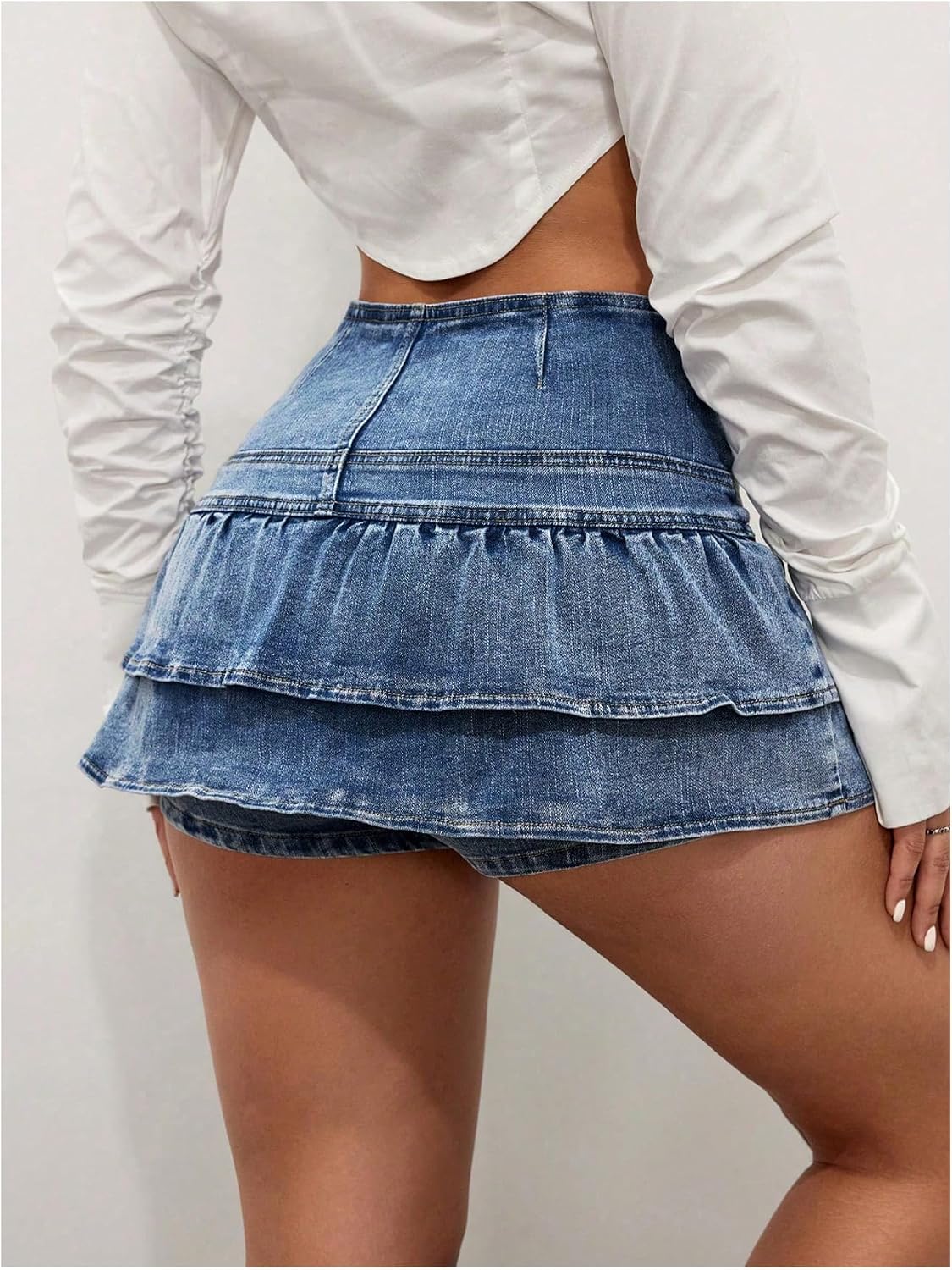 Women's Short Skirt Button Up High Waist Water Wash A Line Mini Jean Ruffle Skirts with Shorts Women's Short Skirt Button Up High Waist Water Wash A Line Mini Jean Ruffle Skirts with Shorts