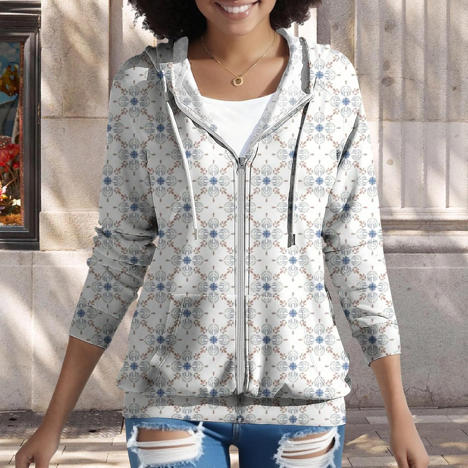 Women's Full Zip Up Hoodie Ethnic Vintage Damask Print Jacket Long Sleeve Fall Trendy Drawstring Casual Lightweight Coat with Pockets Women's Full Zip Up Hoodie Ethnic Vintage Damask Print Jacket Long Sleeve Fall Trendy Drawstring Casual Lightweight Coat with Pockets
