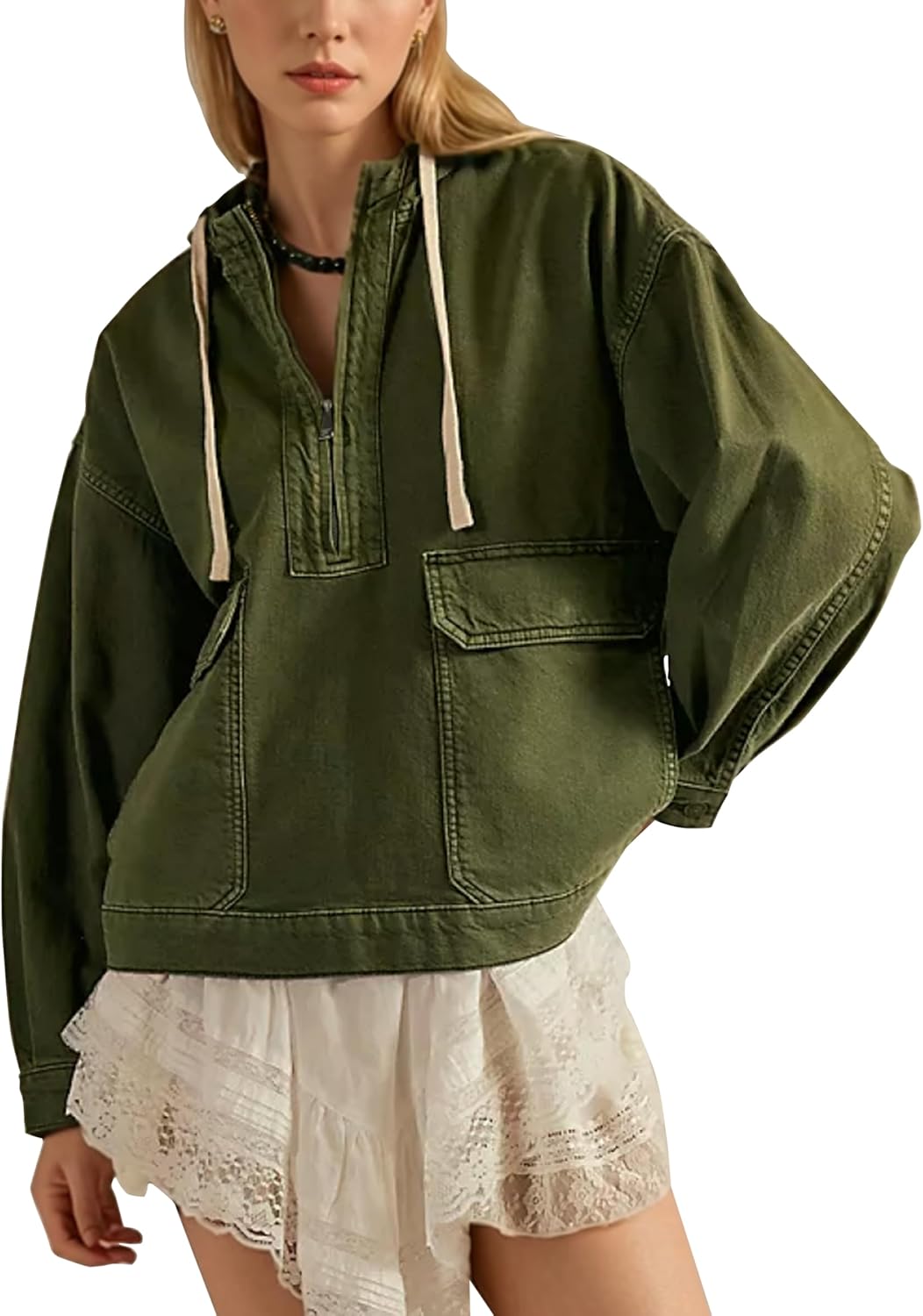Women's Oversized Hooded Quilted Jacket Olive Green Half Zip Pullover Coat with Pockets Long Sleeve Casual Fall