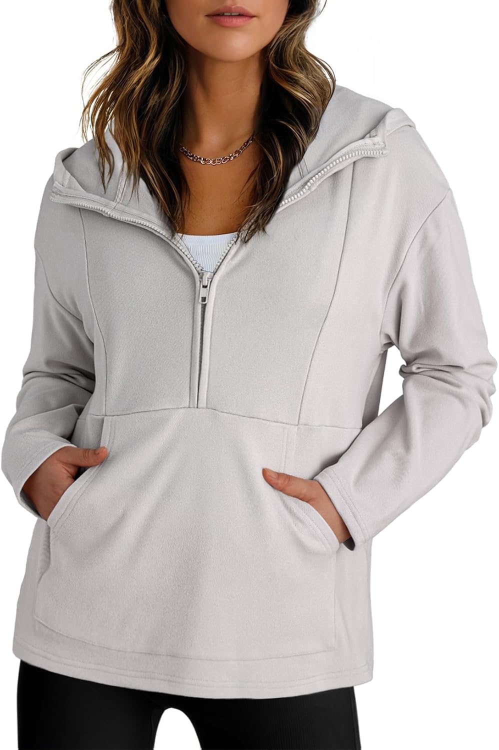 Women's Half Zip Hoodie Denim Checker Blue Oversized Hooded Sweatshirt Long Sleeve Casual Loose Jacket