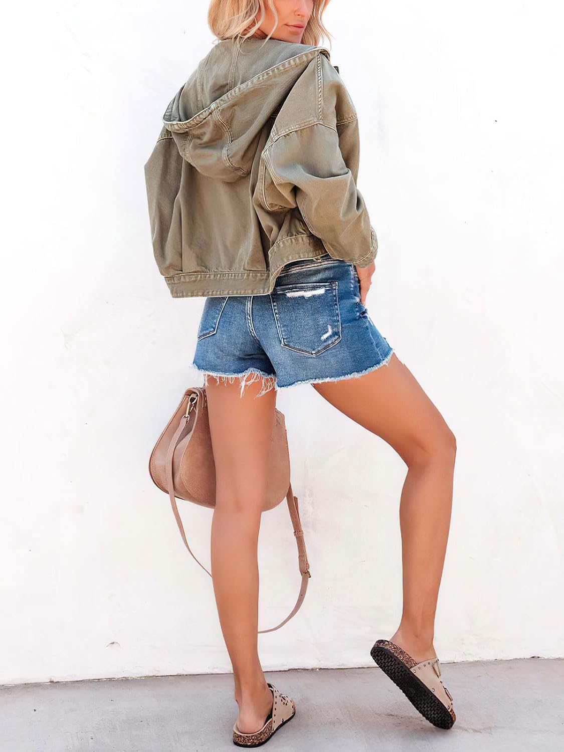 Women's Hooded Denim Jacket Olive Green Snap Button Crop Jean Jacket Oversized Long Sleeve with Pockets Fall Women's Hooded Denim Jacket Olive Green Snap Button Crop Jean Jacket Oversized Long Sleeve with Pockets Fall
