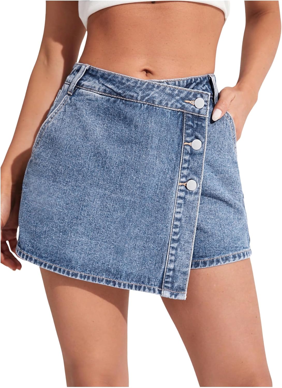 Women's High Waisted Button Front Skort Asymmetrical Hem Skirt Shorts
