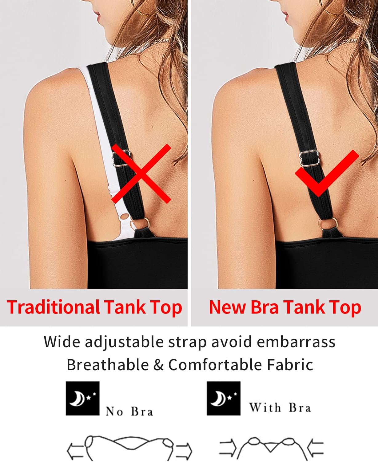 Tank Top for Women with Built-in Padded Bra Adjustable Wide Strap Camisole Cotton Cami Shirts