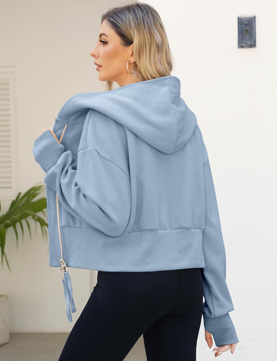 Cropped Hoodie Women Zip Up Ribbed Knit Dusty Blue Balloon Sleeve Sweatshirts Casual Fashion Hooded Crop Top Cropped Hoodie Women Zip Up Ribbed Knit Dusty Blue Balloon Sleeve Sweatshirts Casual Fashion Hooded Crop Top