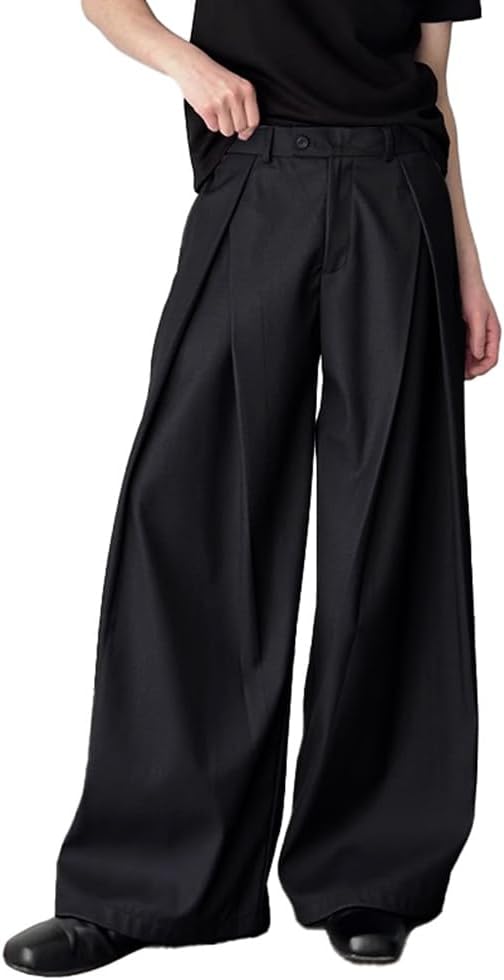 Men's Baggy Wide Leg Pants Zipper Fly Pleated Trousers Casual Dress Pants with Pocket