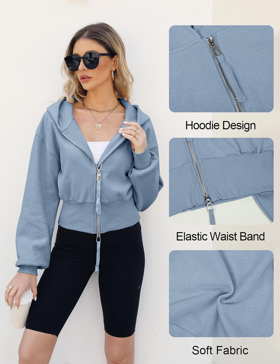 Cropped Hoodie Women Zip Up Ribbed Knit Dusty Blue Balloon Sleeve Sweatshirts Casual Fashion Hooded Crop Top Cropped Hoodie Women Zip Up Ribbed Knit Dusty Blue Balloon Sleeve Sweatshirts Casual Fashion Hooded Crop Top