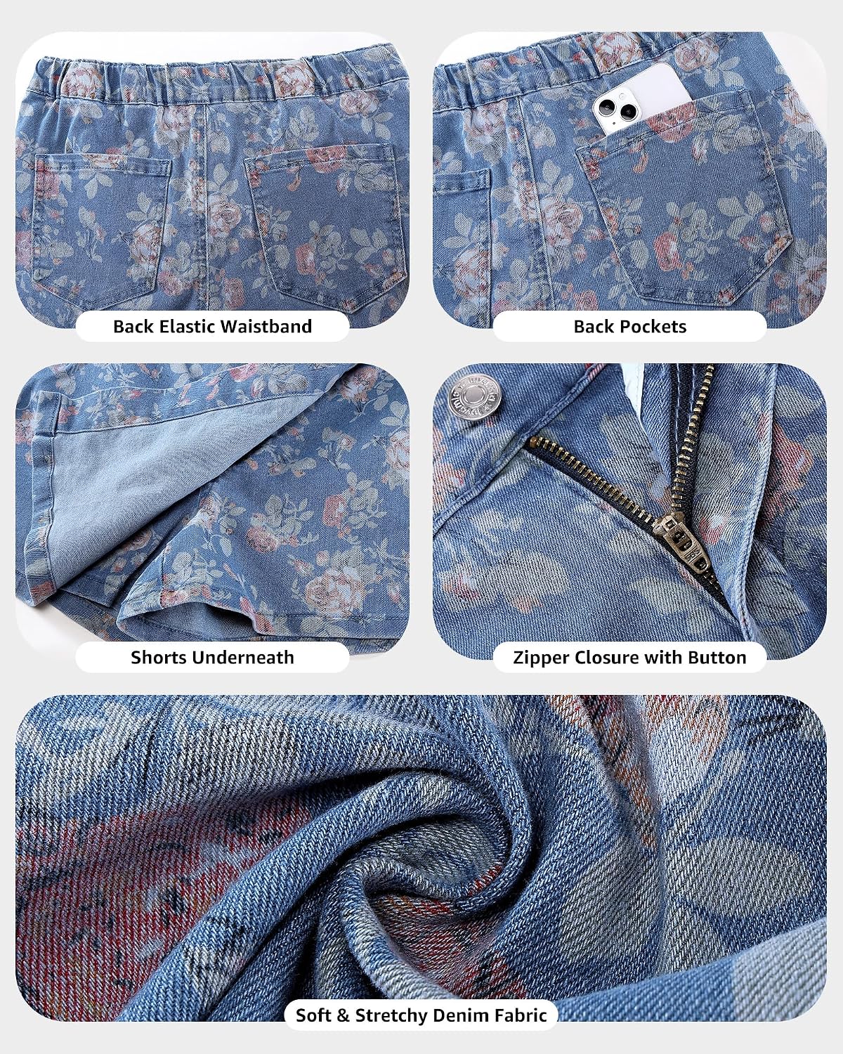Skorts for Woman Trendy Floral Print Faux Wrap Stretchy High Waisted Elastic Waist Jean Shorts Skirt Skort
