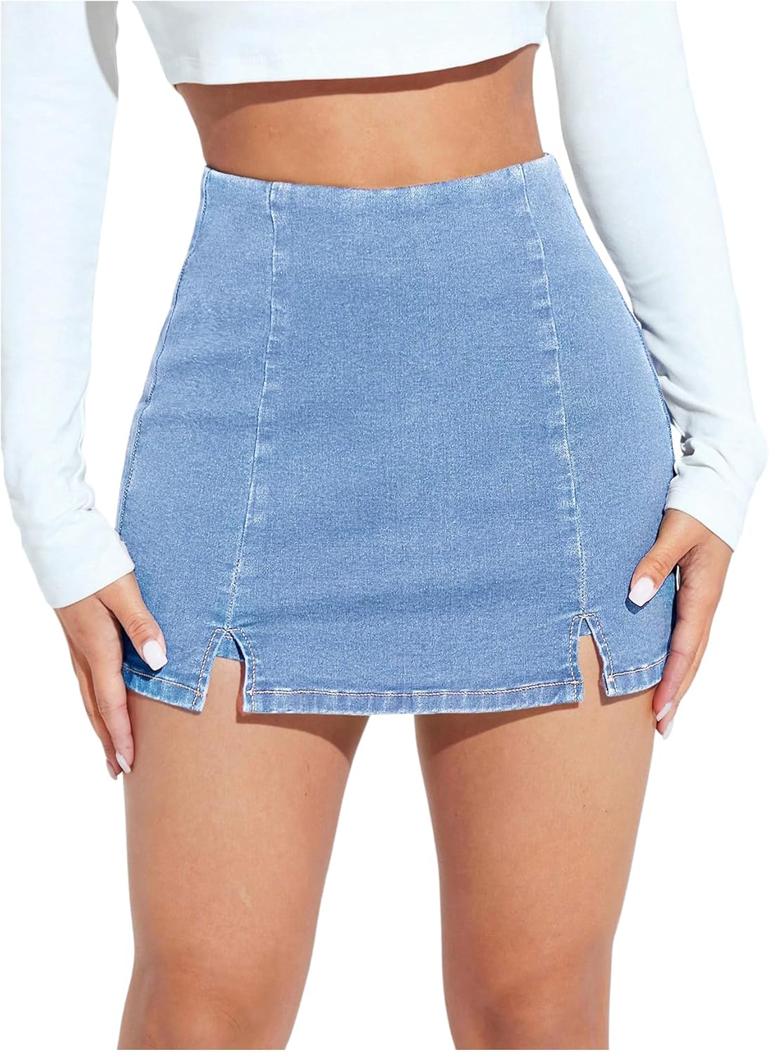 Women's High Waisted Mini Jean Skorts Y2k Slit Hem Bodycon Skirt Shorts