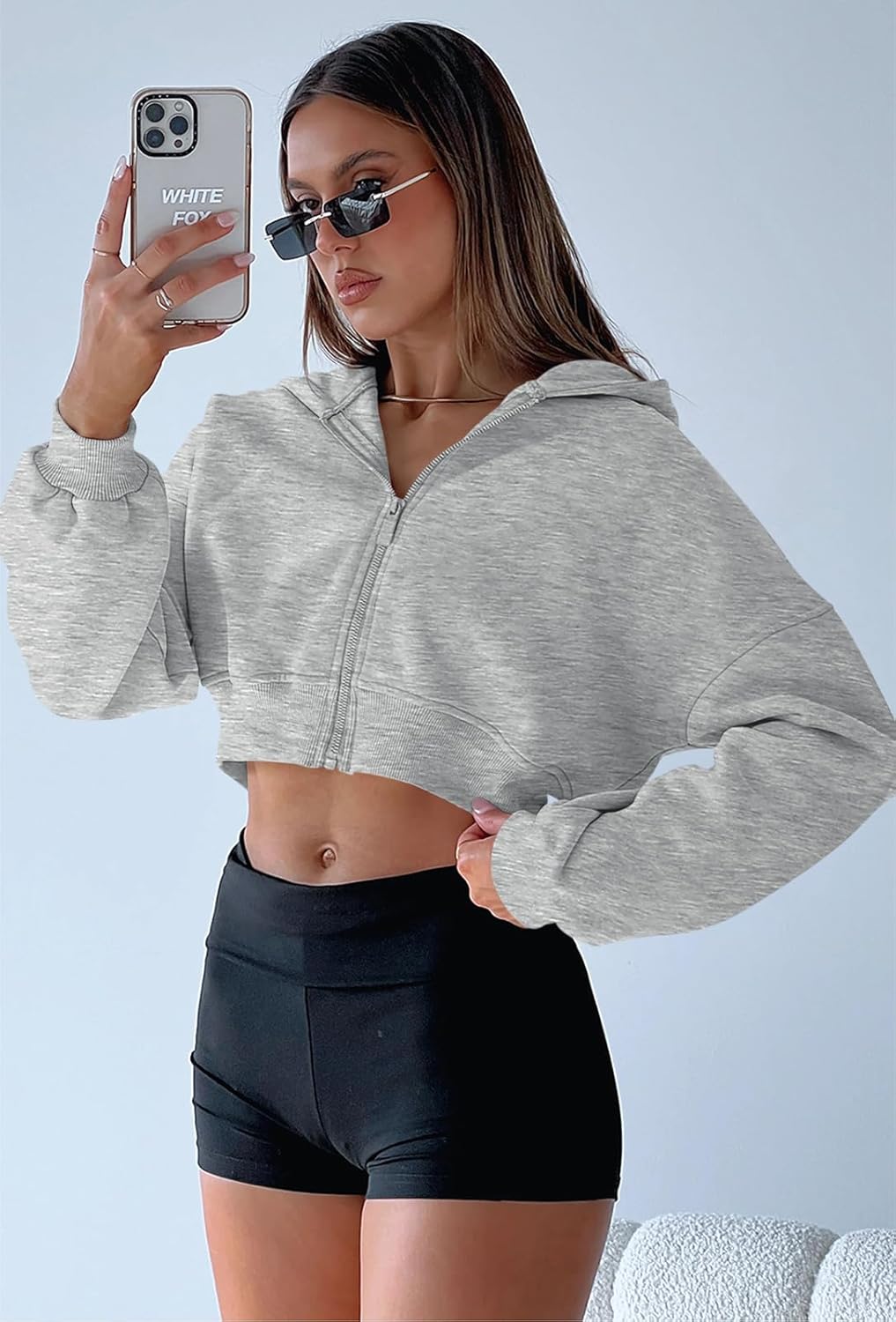 Women's Cropped Zip Up Hoodie Heather Gray Long Sleeve Casual Loose Y2K Sweatshirts Dropped Shoulder Tops Women's Cropped Zip Up Hoodie Heather Gray Long Sleeve Casual Loose Y2K Sweatshirts Dropped Shoulder Tops