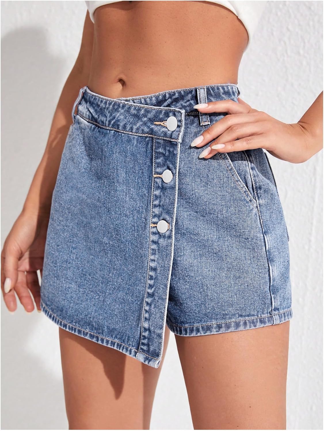 Women's High Waisted Button Front Skort Asymmetrical Hem Skirt Shorts