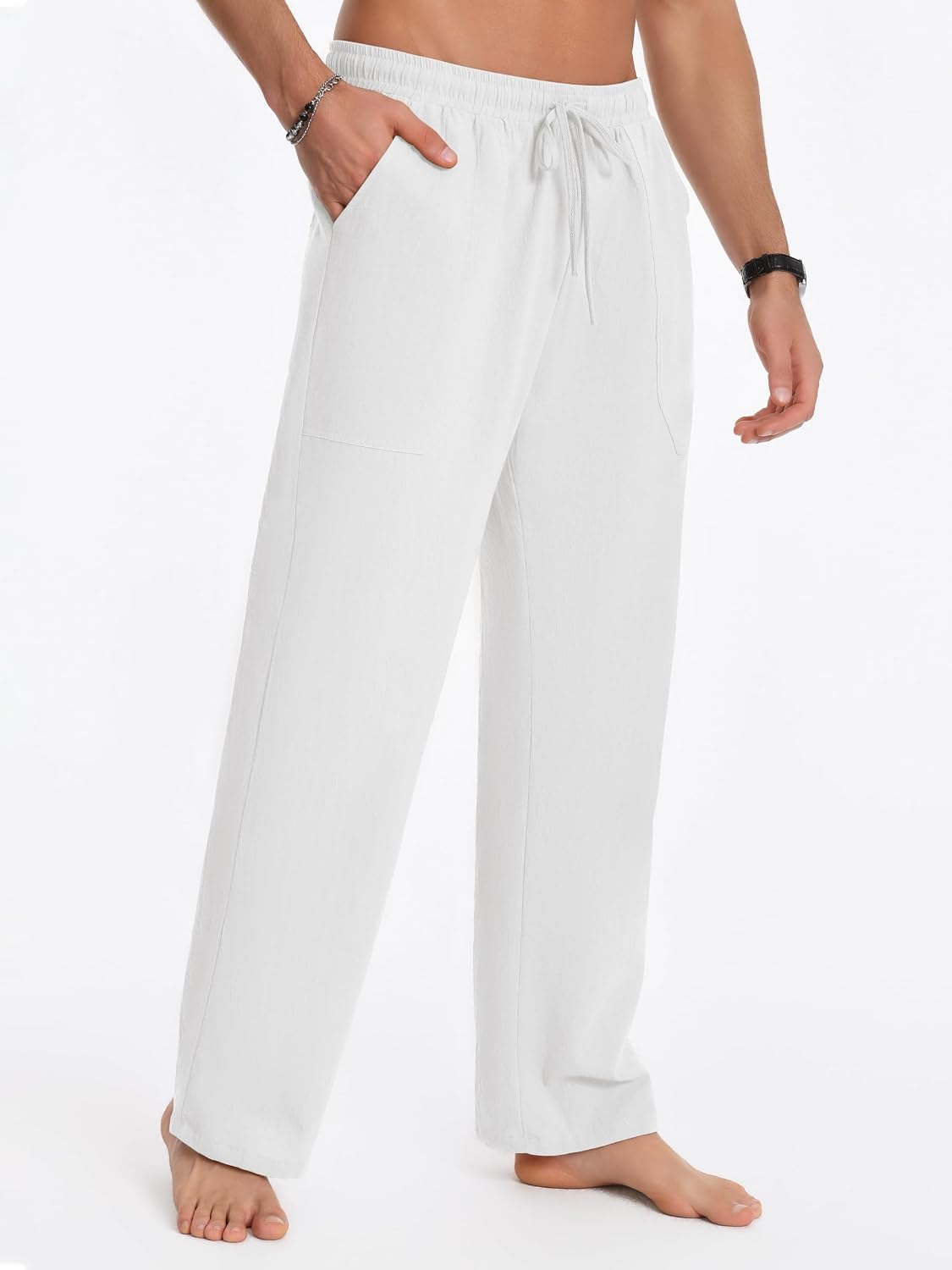 Breathable Men's Cotton Linen Pants Casual Lightweight Summer Beach Elastic Drawstring Waist Trousers