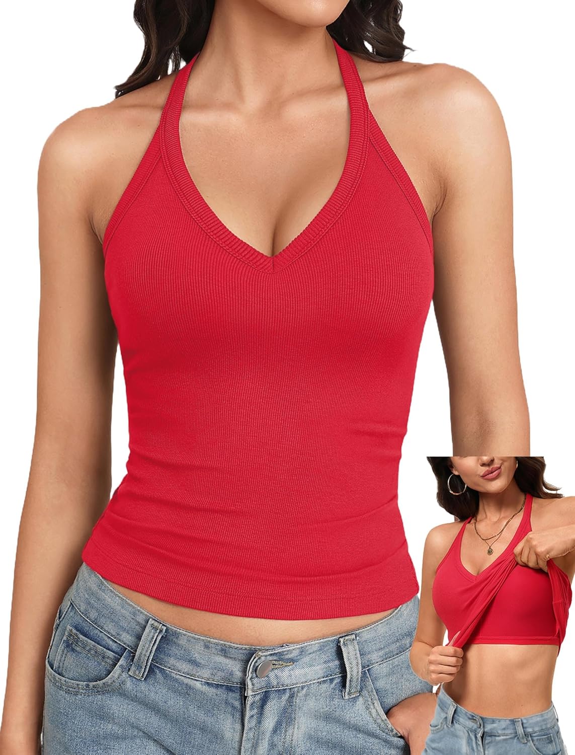 V Neck Tank Top for Women Built in Bra Tanks Ribbed Racerback Fitted Long Casual Basic Cami Tops