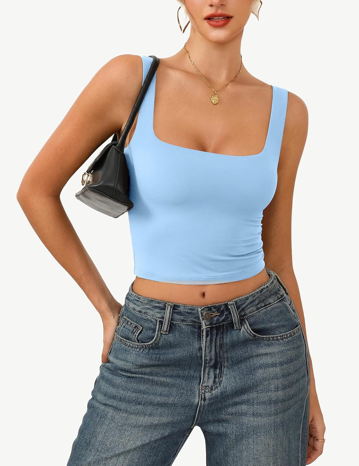 Women's Square Neck Crop Top Double Lined Seamless Tank Fitted Basic Summer Cute Going Out Top