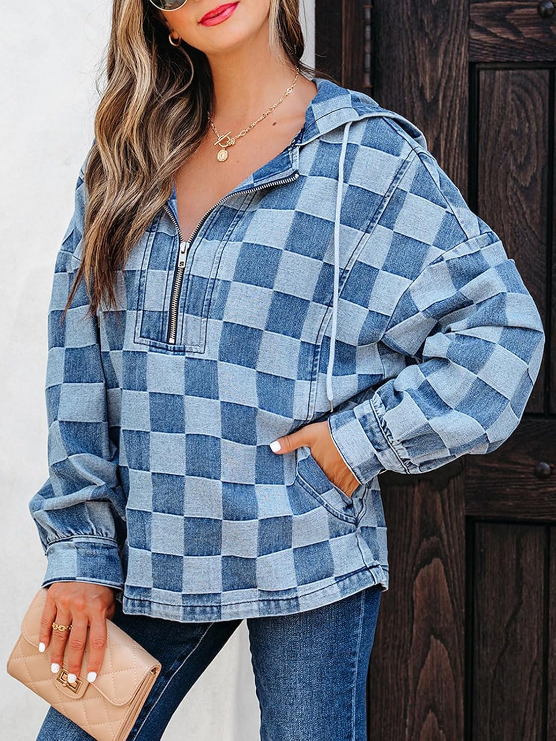 Women's Quarter Zip Hoodie Light Gray Fleece Pullover Loose Fit Kangaroo Pocket Long Sleeve Casual Sweatshirt