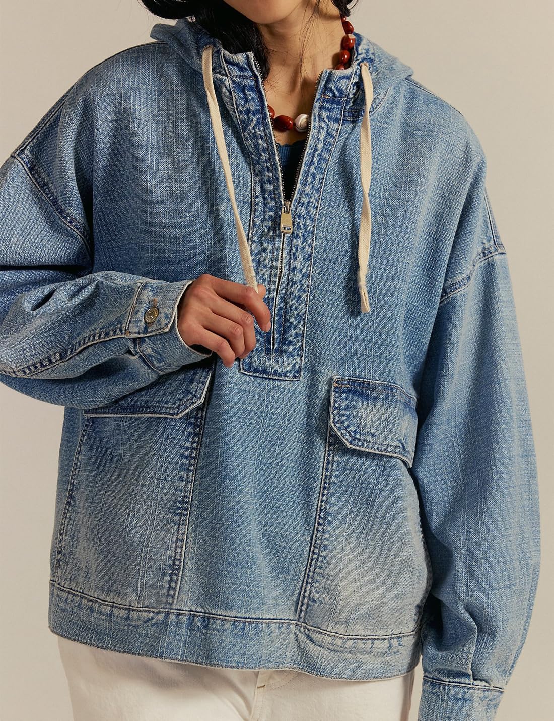 Women's Denim Anorak Hoodie Half Zip Light Wash Blue Oversized Balloon Sleeve Hooded Jacket with Pockets Casual Women's Denim Anorak Hoodie Half Zip Light Wash Blue Oversized Balloon Sleeve Hooded Jacket with Pockets Casual