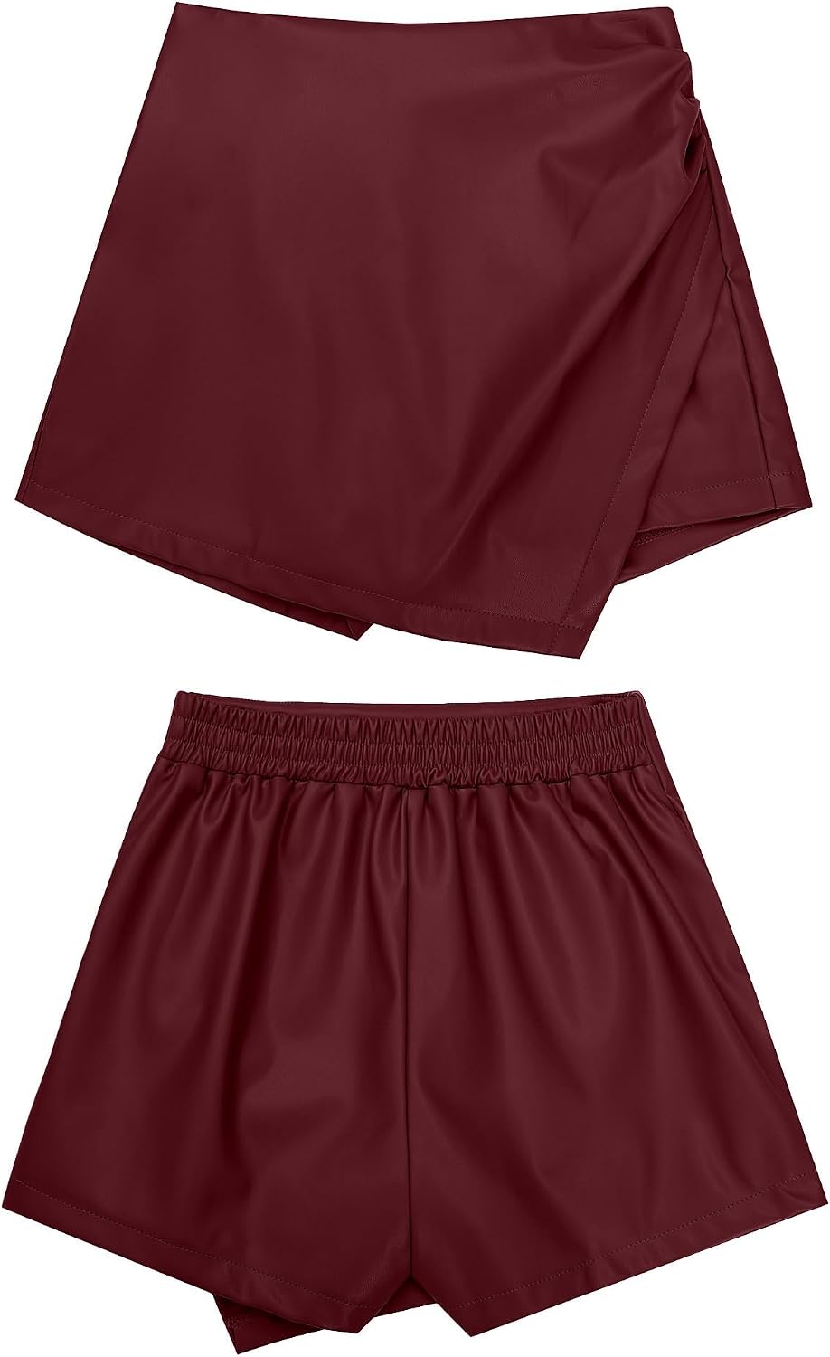 Shorts for Women Faux Leather Skorts High Waisted PU Leather Shorts Elastic Waist Ruched Wrap Skorts Skirts
