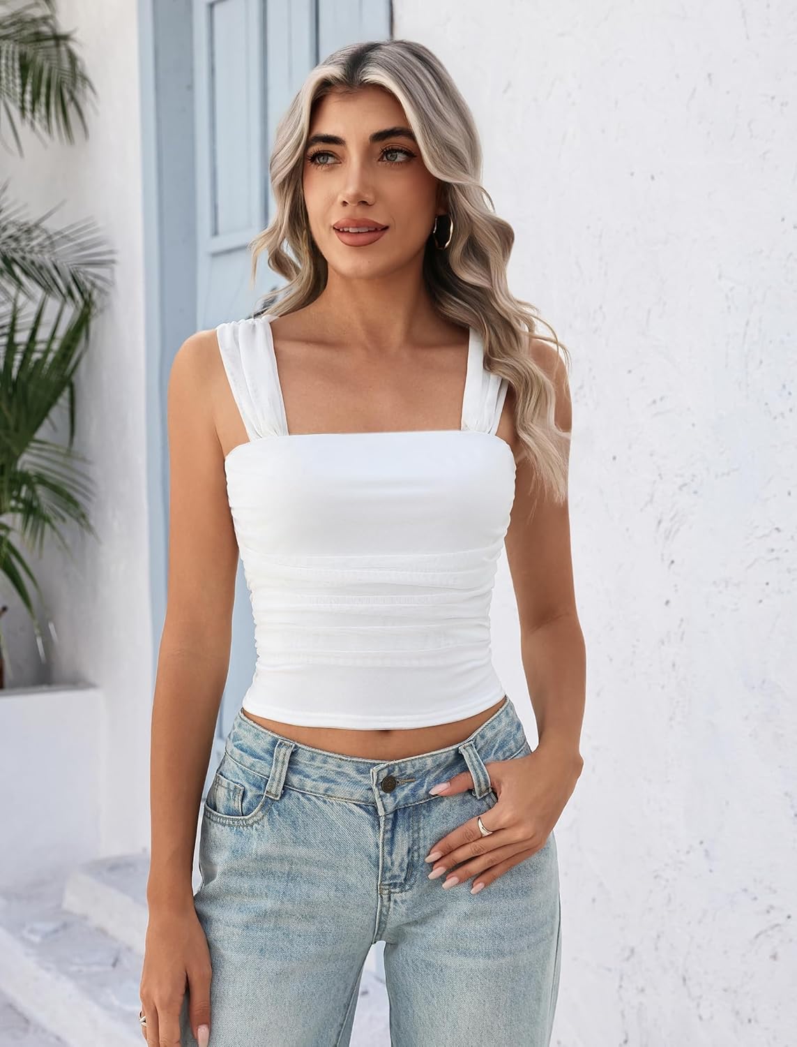 Women's Mesh Square Neck Cute Tank Going Out Top Ruched Crop Y2K Wide Strap Summer Outfits Tops