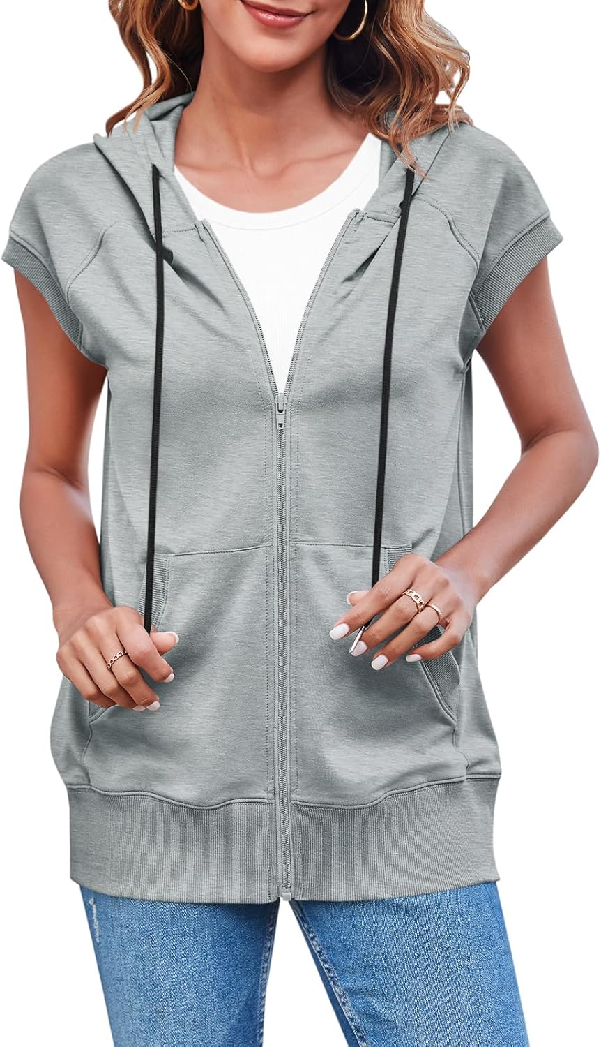 Women's Sleeveless Zip Up Hoodie Vest Heather Gray Loose Fit Drawstring Sweatshirts Lightweight Jackets with Pockets Women's Sleeveless Zip Up Hoodie Vest Heather Gray Loose Fit Drawstring Sweatshirts Lightweight Jackets with Pockets
