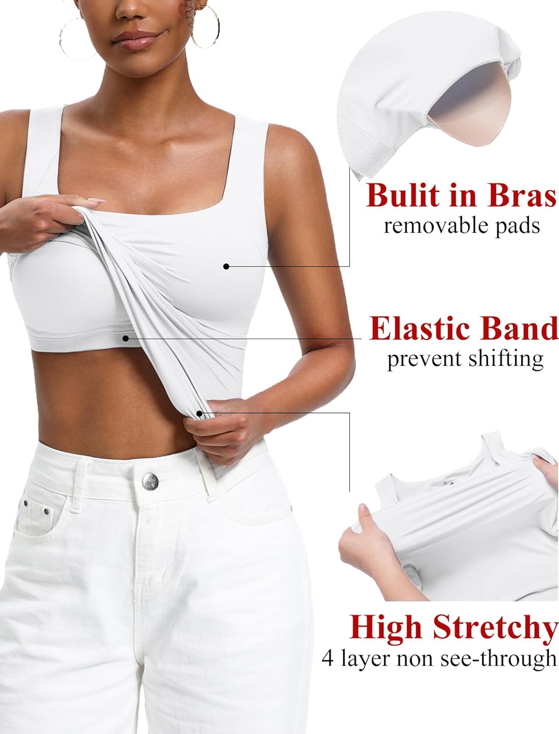Womens Built in Bra Tank Tops Double Lined U Neck Strechy Basic Summer Trendy Going Out Top Womens Built in Bra Tank Tops Double Lined U Neck Strechy Basic Summer Trendy Going Out Top