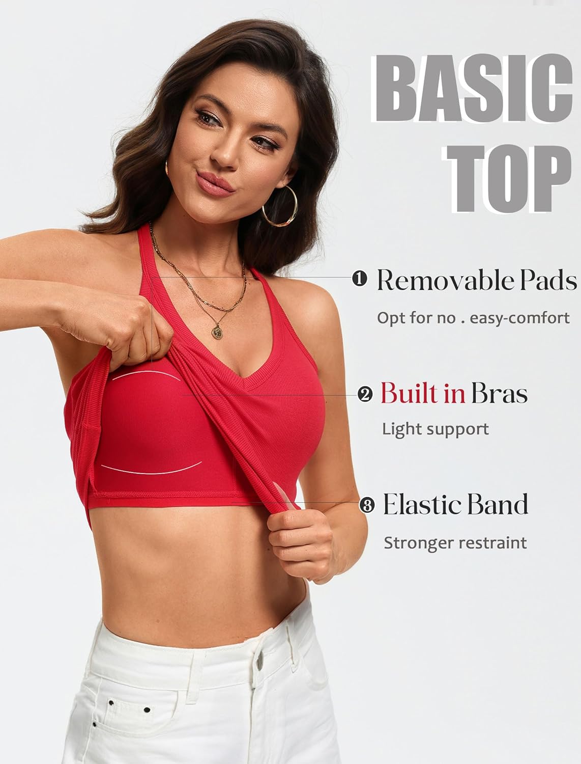 V Neck Tank Top for Women Built in Bra Tanks Ribbed Racerback Fitted Long Casual Basic Cami Tops